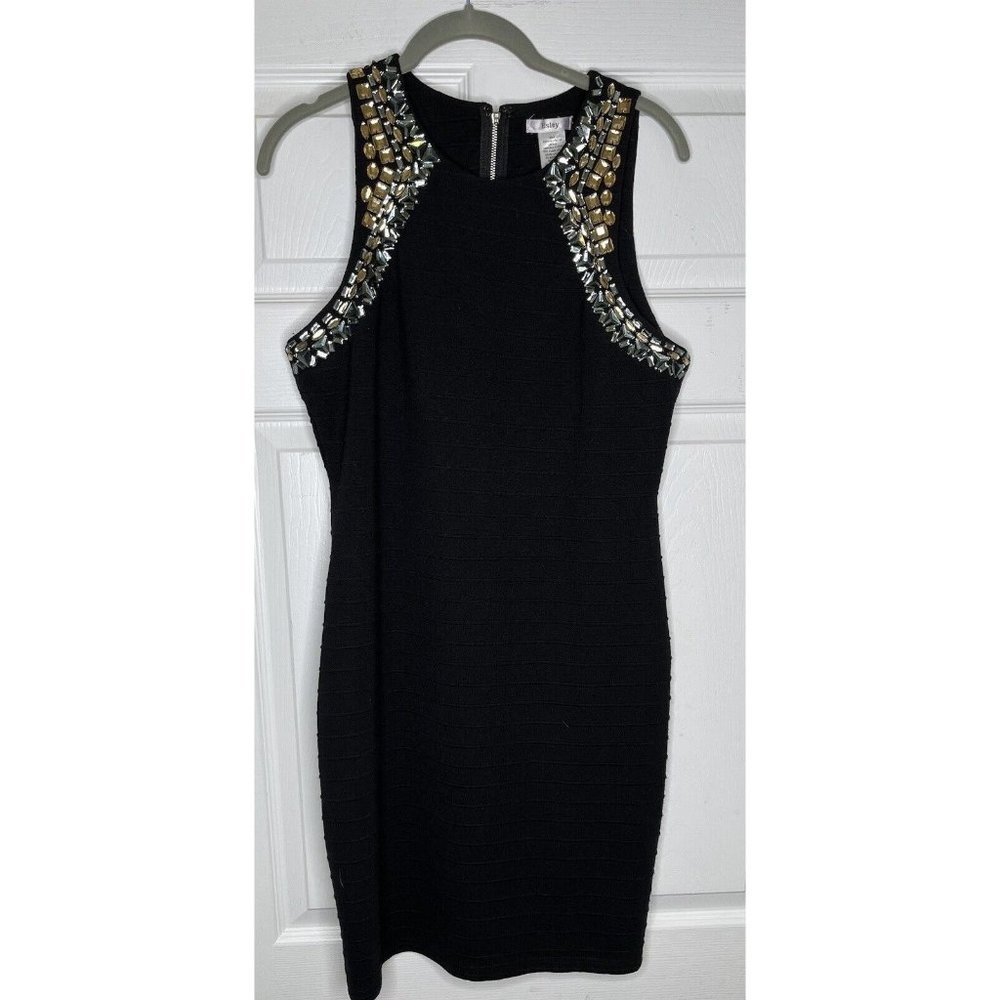 ESLEY Women's Small Black Sleeveless Dress Cocktail Gold Silver Embellish Lined